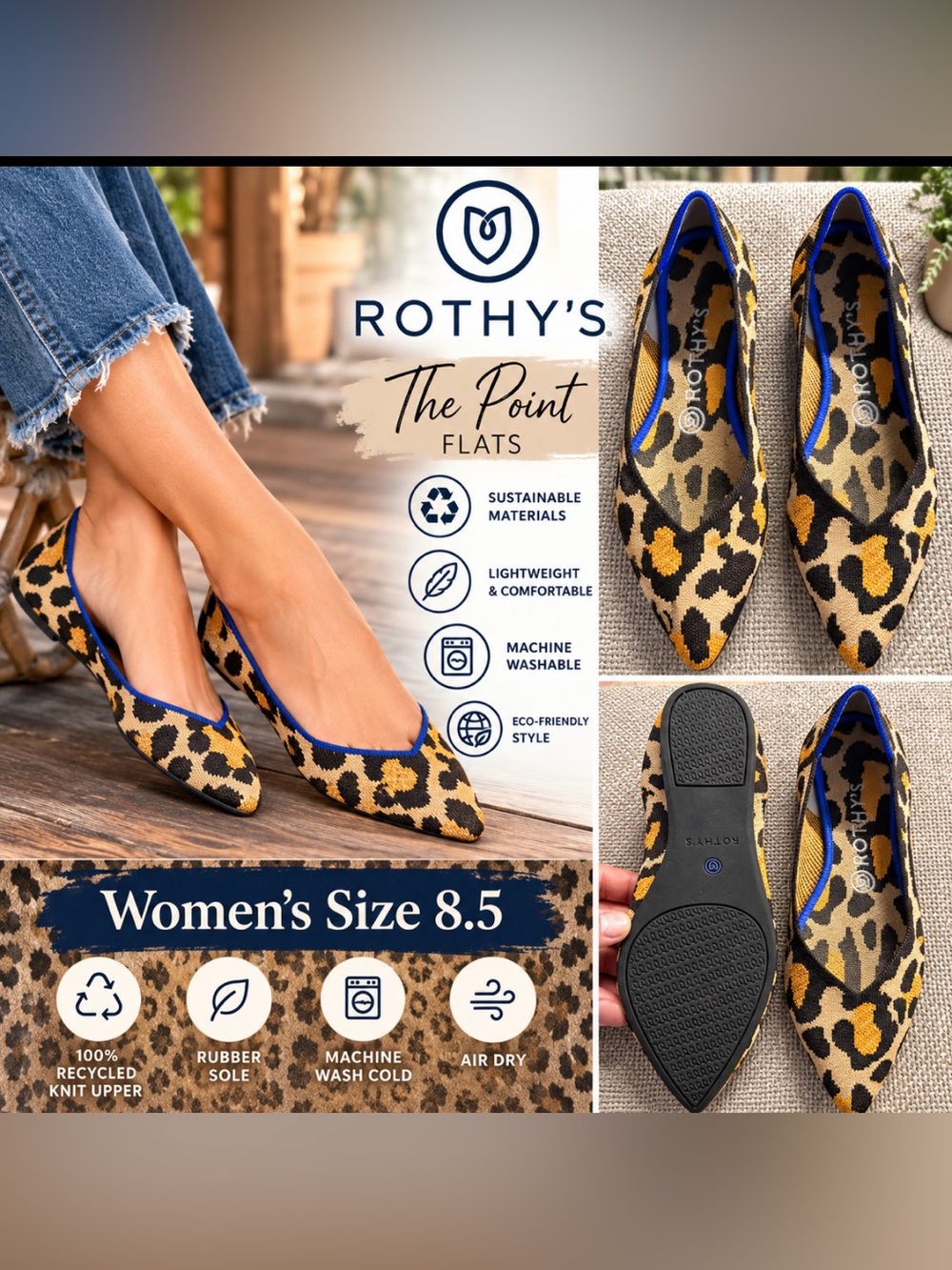Rothy's Leopard Knit Pointed-Toe Flats Sz 8.5 in Tan, Black & Gold Accents